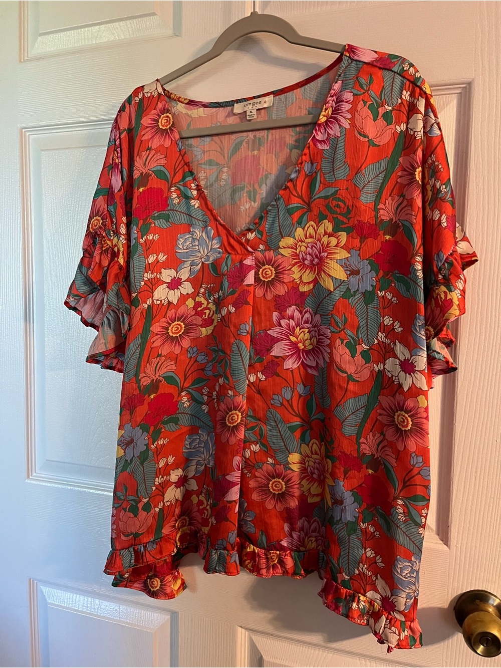 Floral V-Neck Ruffle Sleeve and bottom Top - burnt orange color